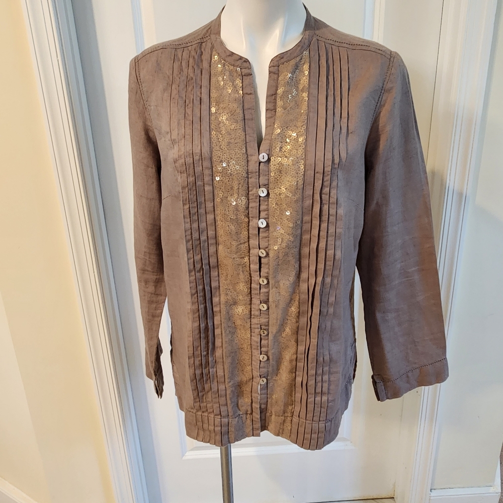 Poetry beige size 10 linen blouse with unique covered sequins design